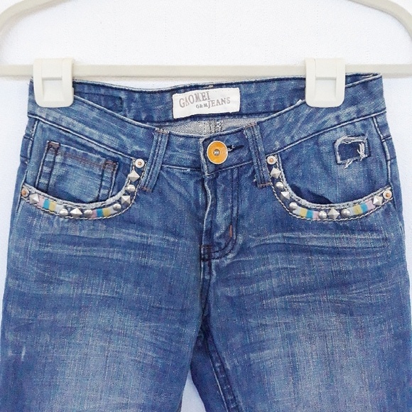 Low Rise Embroidered Boot Cut Jeans Studded and Distressed - Picture 3 of 6